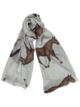 A light grey chiffon scarf with horse artwork displayed on a white background.
